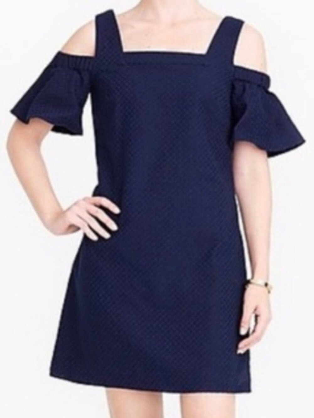 J. CREW Cold Shoulder Basketweave Textured Dress Navy Blue Mini Cotton Shift XS